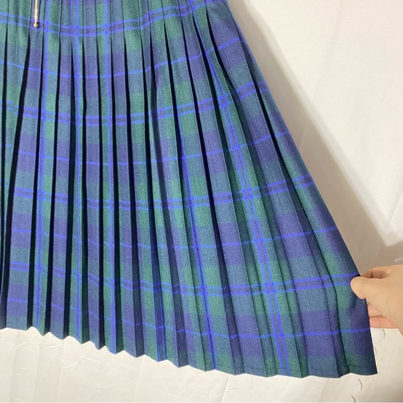 Vintage Bianca Green Blue Plaid Pleated Wool Midi Skirt M - Picture 6 of 14